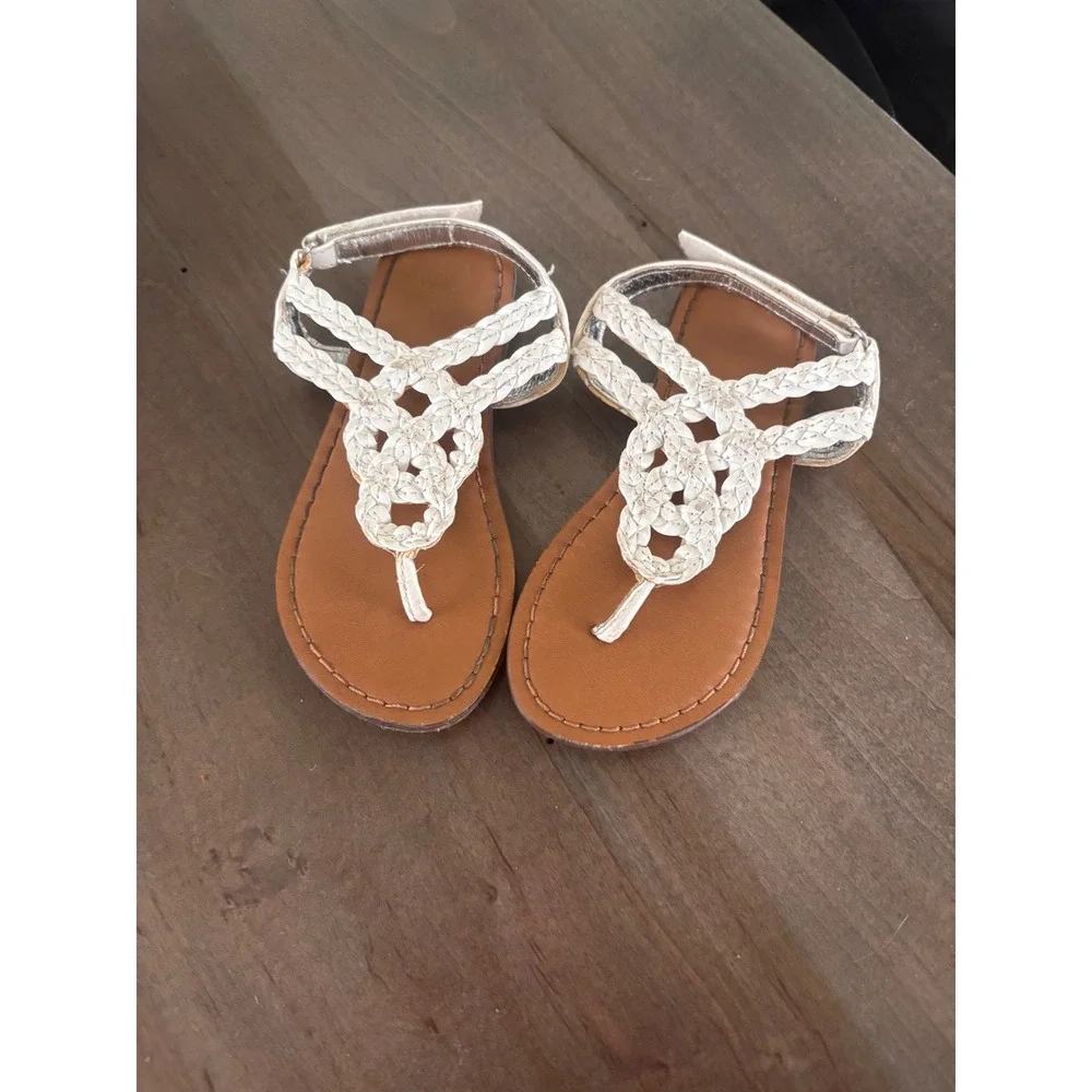 Wonder Nation Girls White Braided T-Strap Thong Sandals Size 9 Hook and Loop